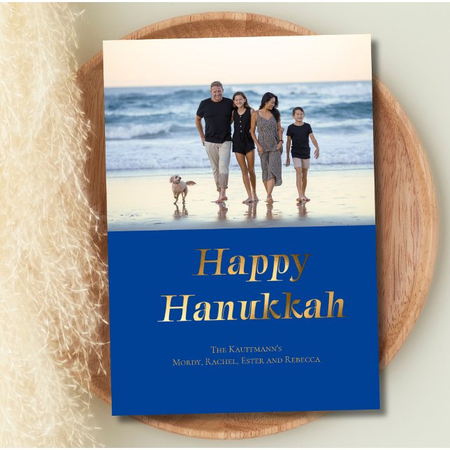 Tarjeta Festiva Feliz Relieve metalizado dorado azul de Hanukkah (Hanukkah Holiday Card Photo Blue Gold Foil Personalized, Printed or Digital)