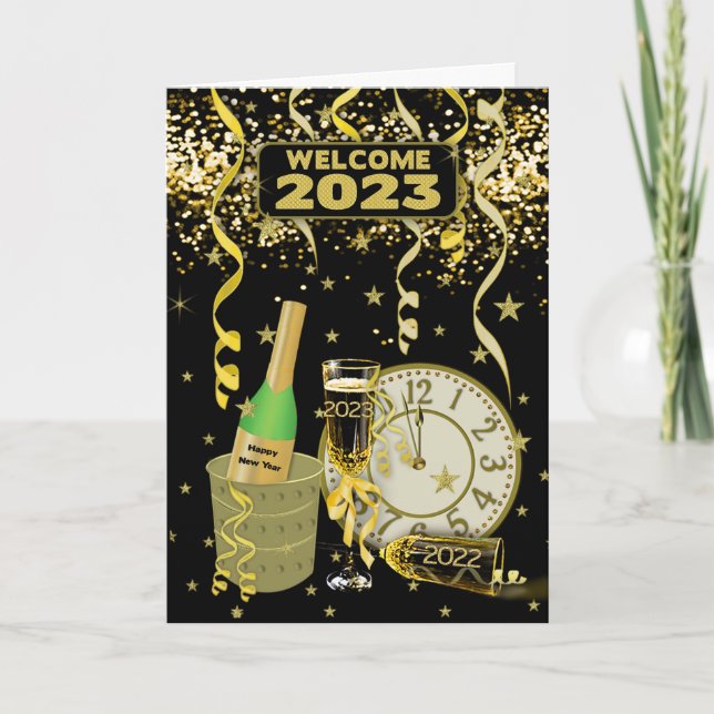 Tarjeta Festiva FELIZ Reloj de Año Nuevo Champagne Confetti 2023 (Anverso)