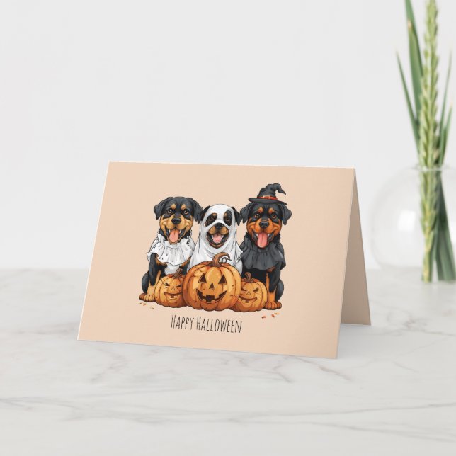 Tarjeta Festiva Feliz Rottweiler de Halloween perros Jack O Lanter (Anverso)