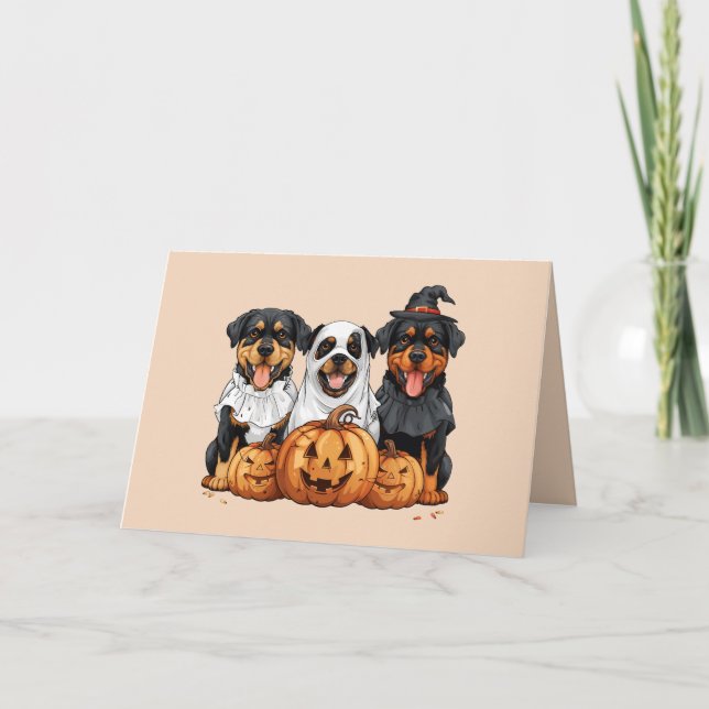 Tarjeta Festiva Feliz Rottweiler de Halloween perros Jack O Lanter (Anverso)