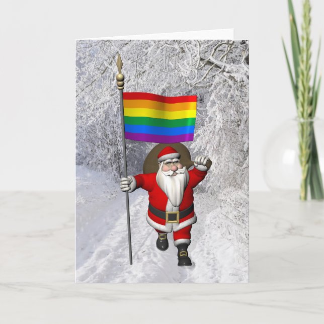 Tarjeta Festiva Feliz Santa Claus con bandera arcoiris (Anverso)