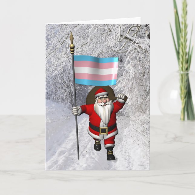 Tarjeta Festiva Feliz Santa Claus con bandera del orgullo transgén (Anverso)