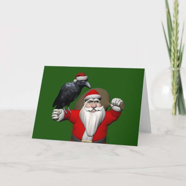 Tarjeta Festiva Feliz Santa Claus con un gran raven (Anverso)