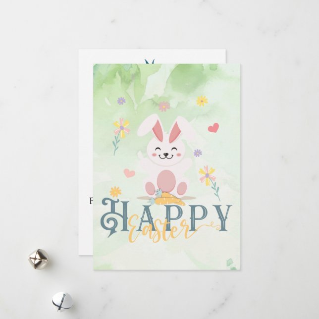 Tarjeta Festiva Feliz Semana Santa Floral Green Bunny Editable (Anverso/Reverso In Situ)
