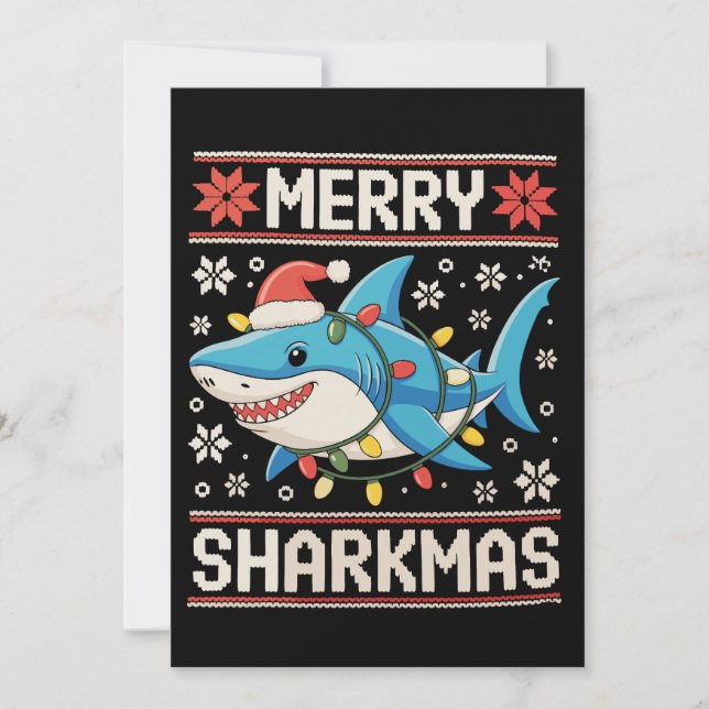 Tarjeta Festiva Feliz Sharkmas Navidades de tiburón luces de Navid (Anverso)