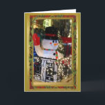 Tarjeta Festiva Feliz Snowman ilumina el marco vintage de las call<br><div class="desc">Bonita tarjeta "Happy Snowman in NYC" (Feliz hombre de nieve en Nueva York). Fotografía y diseño único y especial. La foto de portada está en un hermoso marco de oro vintage / verde / rojo.</div>
