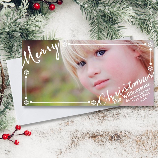 Tarjeta Festiva Feliz texto navideño sobre copos de nieve y 1 foto (Subido por el creador)