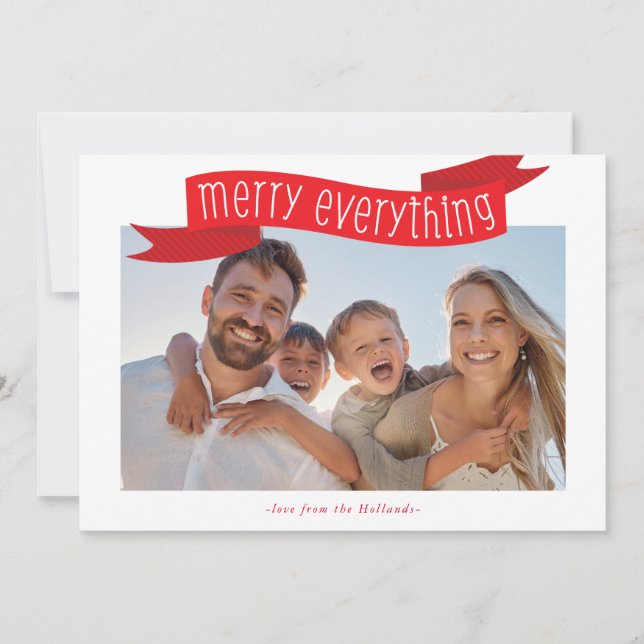 Tarjeta Festiva FELIZ TODO FOTO moderna familia pancarta roja (Anverso)
