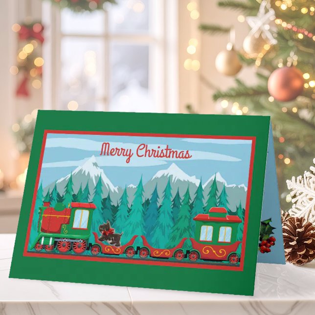 Tarjeta Festiva Feliz tren navideño con perro pequeño (Merry Christmas Train with Little Scotty Dog Card)