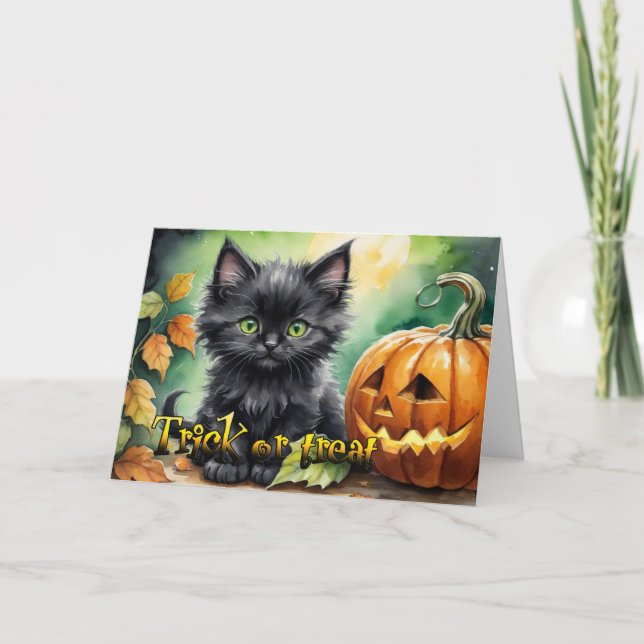 Tarjeta Festiva Feliz truco de Halloween o trata a gatito (Anverso)