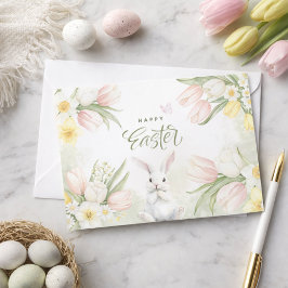 Tarjeta Festiva Feliz tulipanes de Pascua, Daffodils y Conejo de P