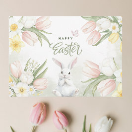 Tarjeta Festiva Feliz tulipanes de Pascua, Daffodils y Conejo de P