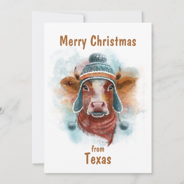 Tarjeta Festiva Feliz vaca navideña con tobogán (Anverso)