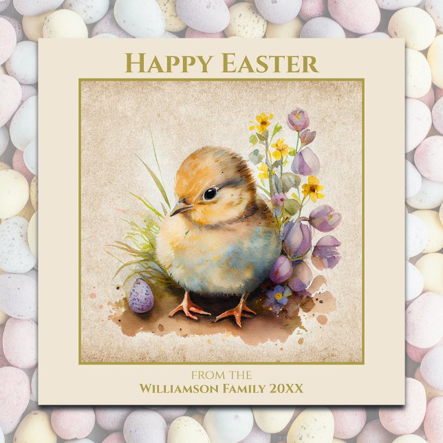 Tarjeta Festiva Feliz verano con el sabor del pollo amarillo perso (Personalize with Family Name & Year, or add other text, it's all editable.)