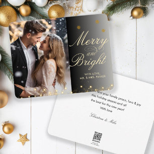 Tarjeta Festiva ¡Feliz y brillante! Letra de guión, foto de oro ne