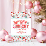 Tarjeta Festiva Feliz y brillante | Rosa retro y Holly rojo<br><div class="desc">Esta tarjeta presenta un alegre saludo de vacaciones en una moderna tipografía de estilo victoriano con un fondo de vacaciones rosa y rojo. Puedes personalizar con tus nombres y año.</div>