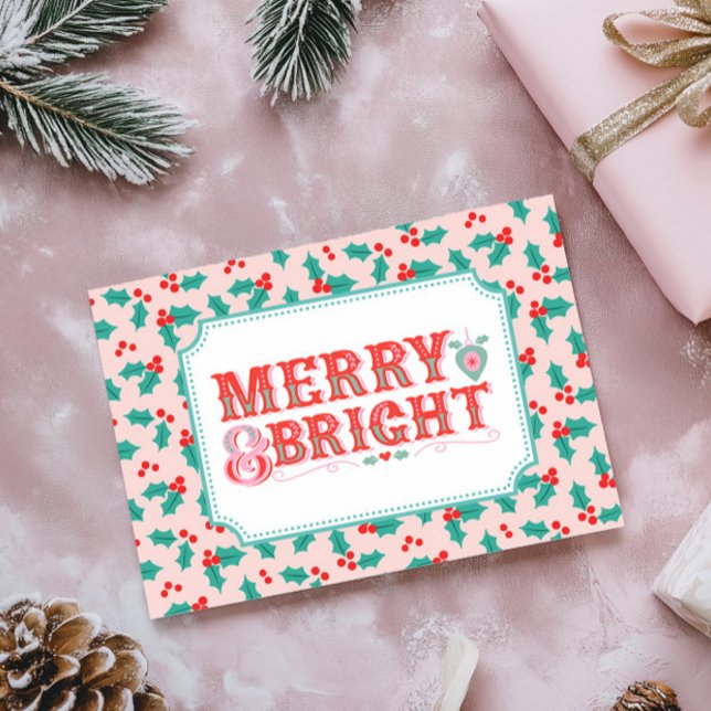 Tarjeta Festiva Feliz y brillante | Rosa retro y Holly rojo (Subido por el creador)