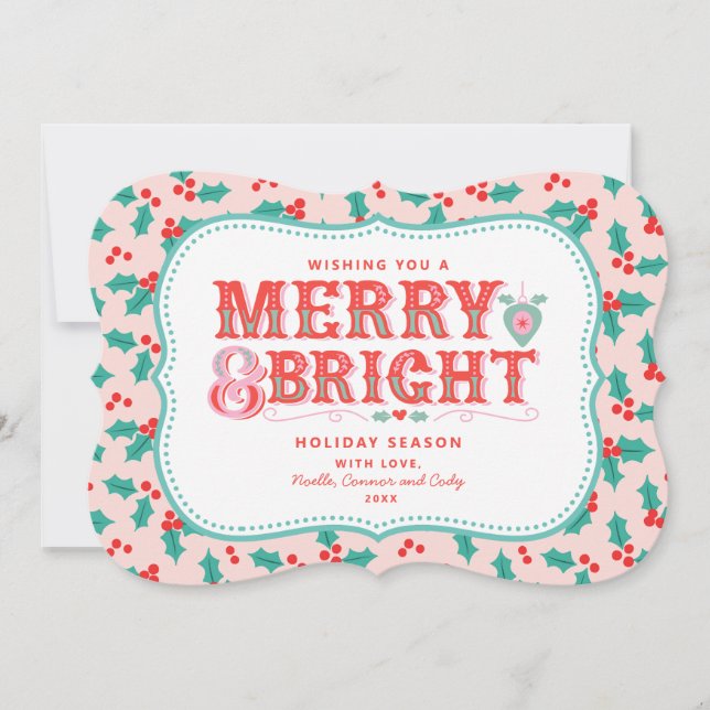 Tarjeta Festiva Feliz y brillante | Rosa retro y Holly rojo (Anverso)