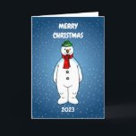 Tarjeta Festiva Feliz y feliz hombre de nieve<br><div class="desc">El alegre muñeco de nieve con un gorra verde y una bufanda roja está listo para los Navidades.</div>