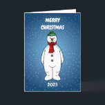 Tarjeta Festiva Feliz y feliz hombre de nieve<br><div class="desc">El alegre muñeco de nieve con un gorra verde y una bufanda roja está listo para los Navidades.</div>