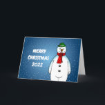 Tarjeta Festiva Feliz y feliz hombre de nieve<br><div class="desc">El alegre muñeco de nieve con un gorra verde y una bufanda roja está listo para los Navidades.</div>