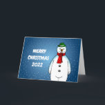 Tarjeta Festiva Feliz y feliz hombre de nieve<br><div class="desc">El alegre muñeco de nieve con un gorra verde y una bufanda roja está listo para los Navidades.</div>