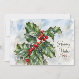Tarjeta Festiva Feliz Yule Hojas de Acebo de Invierno y Bayas Roja