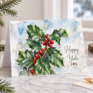 Tarjeta Festiva Feliz Yule Hojas de Acebo de Invierno y Bayas Roja