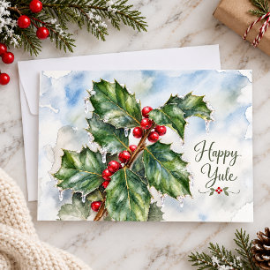 Tarjeta Festiva Feliz Yule Hojas de Acebo de Invierno y Bayas Roja
