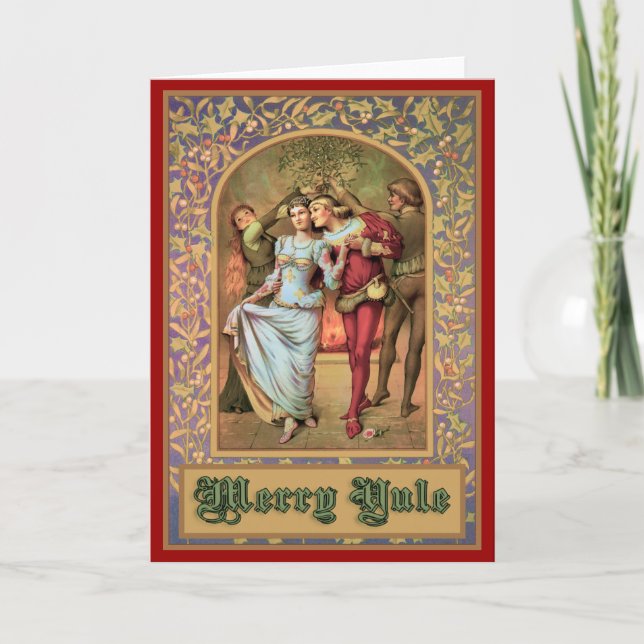 Tarjeta Festiva Feliz Yule - vintage medieval (Anverso)