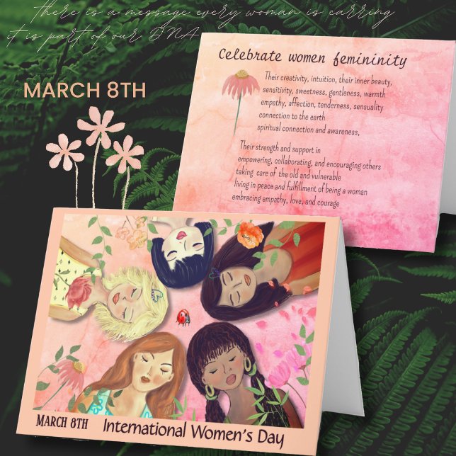 Tarjeta Festiva Feminina rosa del Día Internacional de la Mujer (International Women's Day Pink Feminine Holiday Card)