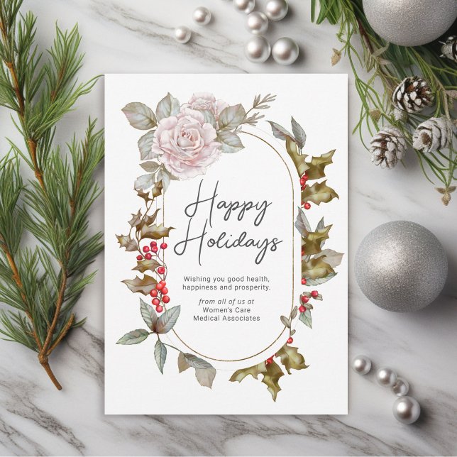 Tarjeta Festiva Feminine Holly Evergreens Floral Corporate (An elegant holiday card for businesses serving women.)