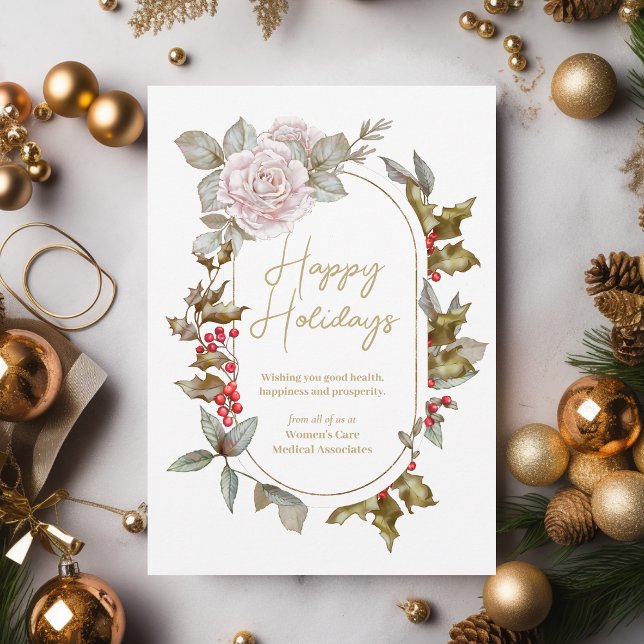 Tarjeta Festiva Feminine Holly Evergreens y Rosas Corporate (An elegant holiday card for businesses serving women.)