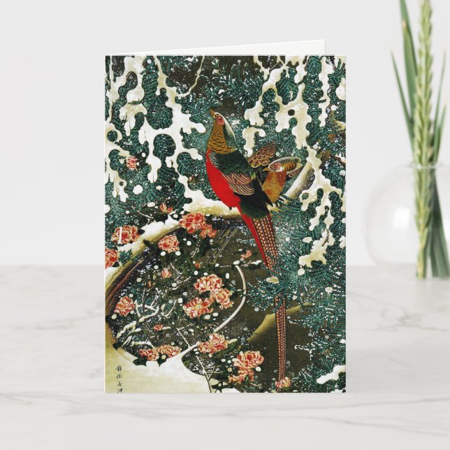 Tarjeta Festiva Fenóasas en nieve, pino, Rosas, floral japonesa (Anverso)