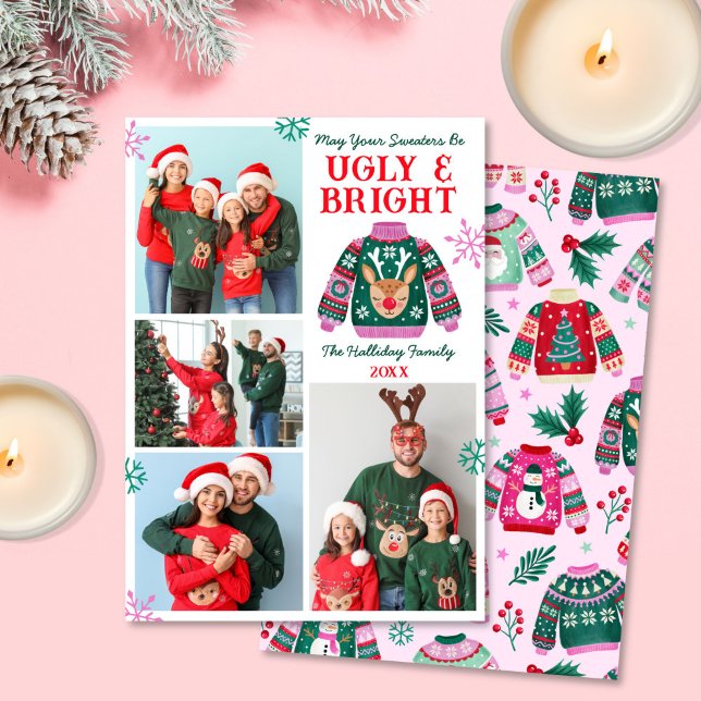 Tarjeta Festiva Feo y brillante 4 Navidades de fotografía Collage  (Ugly and Bright 4 Photo Ugly Sweater Christmas Holiday Card)