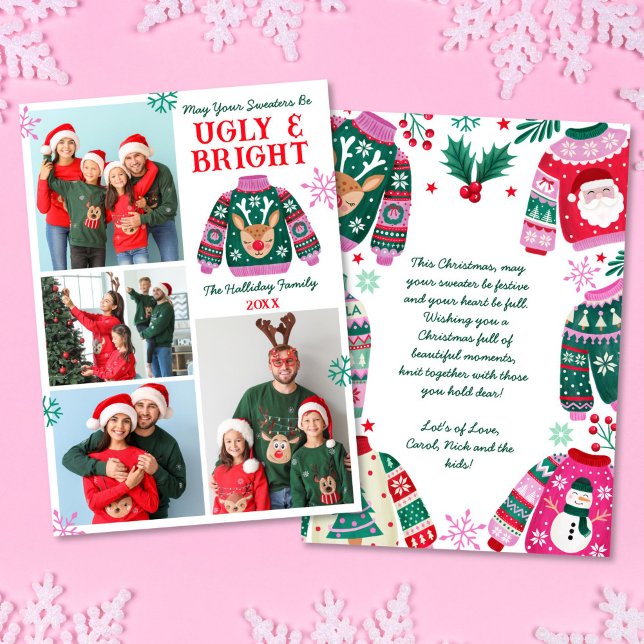 Tarjeta Festiva Feo y brillante para los Navidades suéteres (Ugly and Bright 4 Photo Ugly Sweater Christmas Holiday Card)