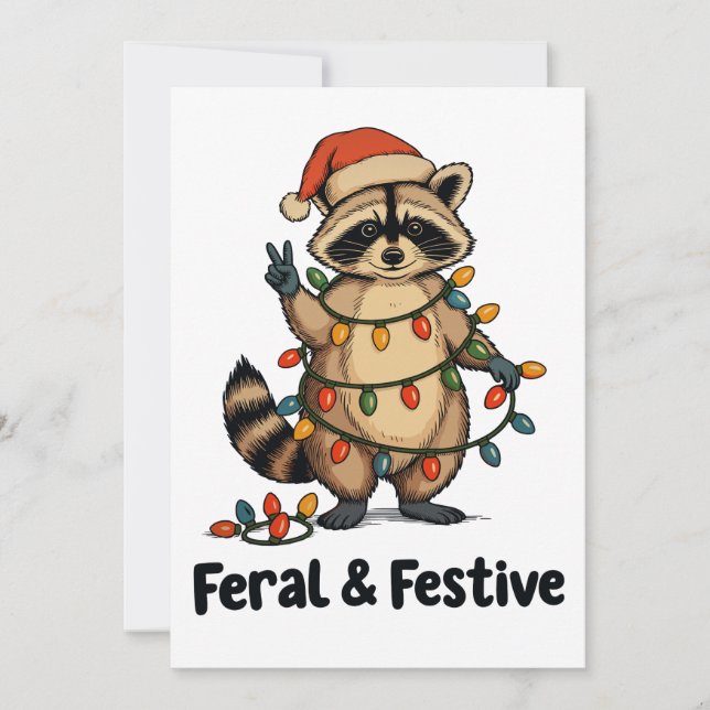 Tarjeta Festiva Feral And Festive Raccoon Christmas Xmas Lights (Anverso)
