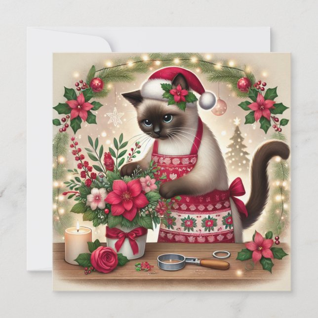 Tarjeta Festiva Ferotismo gato con Navidades florales saludando (Anverso)