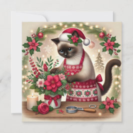 Tarjeta Festiva Ferotismo gato con Navidades florales saludando
