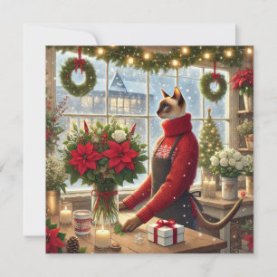 Tarjeta Festiva Ferotismo gato con Navidades florales saludando