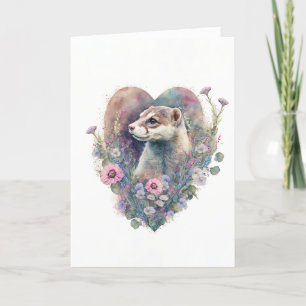 Tarjeta Festiva Ferret dulce con flores rosadas para El día de San