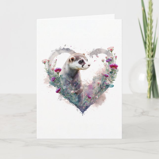 Tarjeta Festiva Ferret dulce en El día de San Valentín de flores c (Anverso)