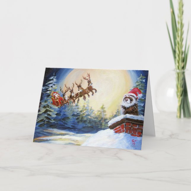 Tarjeta Festiva Ferret y Santa con Sleigh (Anverso)