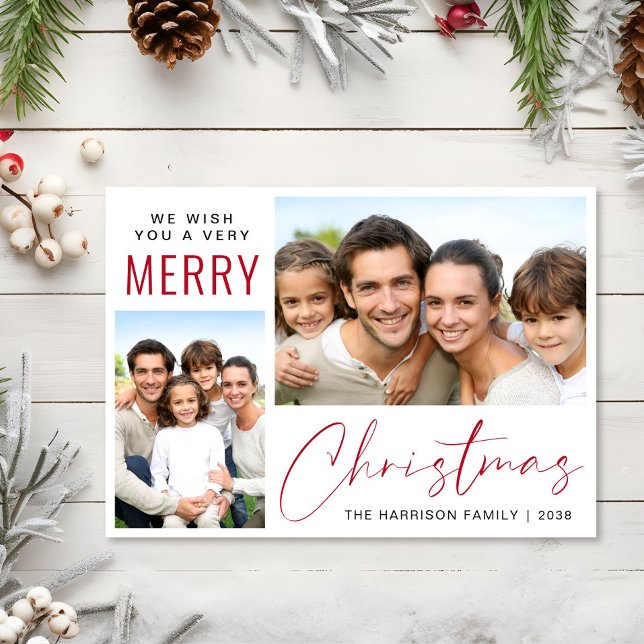 Tarjeta Festiva Ferry Christmas 2 Photo Red Script (This holiday season, let your family's smiles and heartwarming memories shine on our 2 photo card)