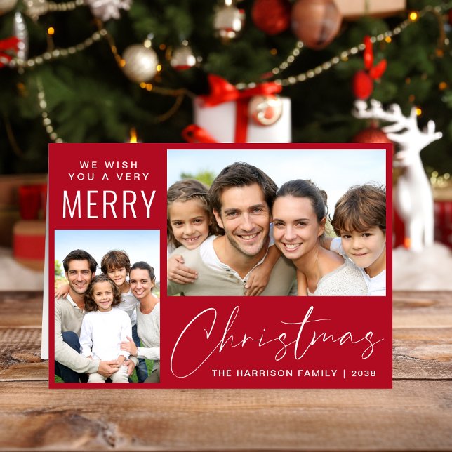 Tarjeta Festiva Ferry Christmas 2 Photo Script Red (This holiday season, let your family's smiles and heartwarming memories shine on our 2 photo card)