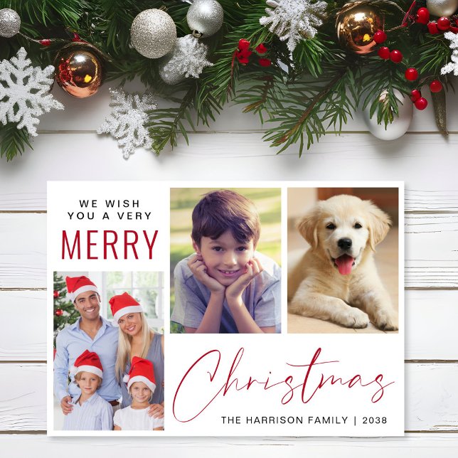 Tarjeta Festiva Ferry Christmas 3 Photo Red Script (This holiday season, let your family's smiles and heartwarming memories shine on our 3 photo card)
