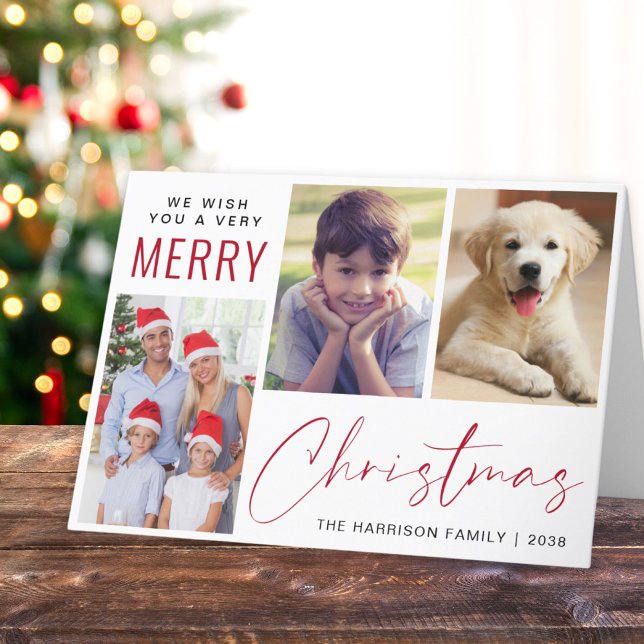 Tarjeta Festiva Ferry Christmas 3 Photo Red Script (This holiday season, let your family's smiles and heartwarming memories shine on our 3 photo card)