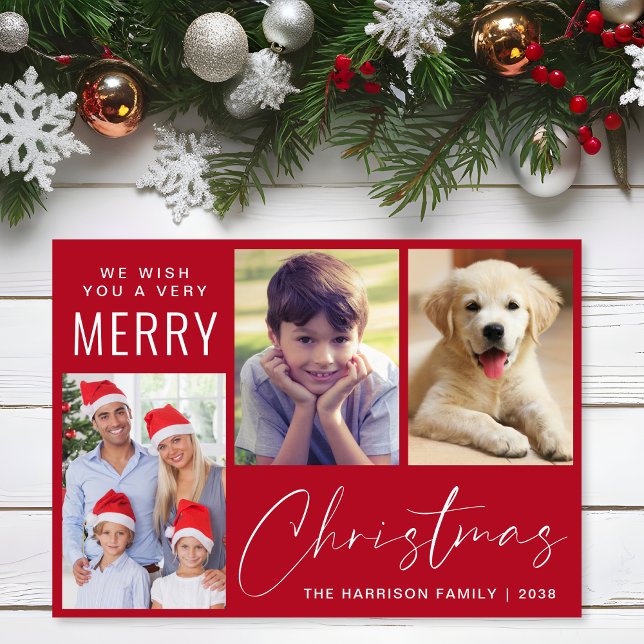 Tarjeta Festiva Ferry Christmas 3 Photo Script Red (This holiday season, let your family's smiles and heartwarming memories shine on our 3 photo card)