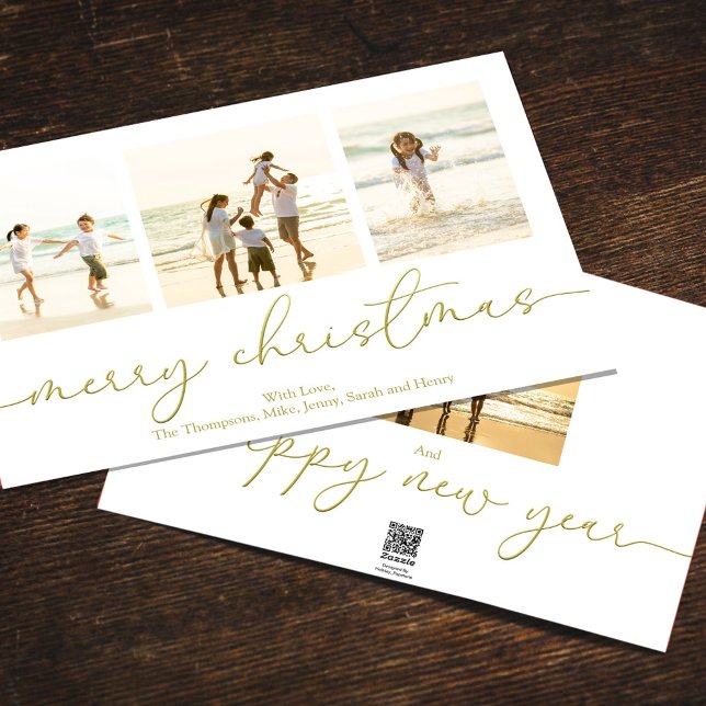 Tarjeta Festiva Ferry Christmas 4 Photo Gold Caligraphy Script (Merry Christmas gold calligraphy script photo card. )