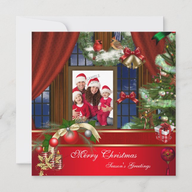 Tarjeta Festiva Ferry Christmas Family Photo Red Green Window (Anverso)